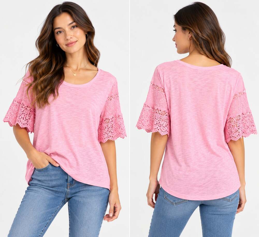 Talbots L Pink Short Lace Sleeve Cotton Top Feminine Coastal Chic Tee